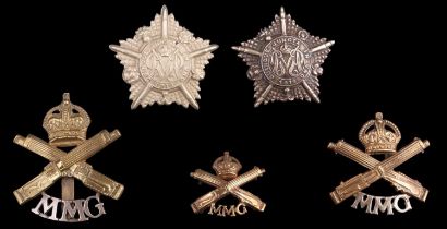 Medium Machine Gun Corps cap and collar badges together with Guards Machine Gun Battalion cap