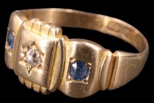 A Victorian sapphire and diamond finger ring, having a 2 mm old cut diamond in a square panel with