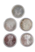 Five 1oz fine silver American Silver Eagle one dollar coins comprising 1994, 1995, 1997, 1998 and