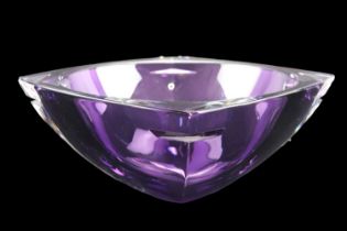 A contemporary Waterford Metra pattern cut glass bowl, amethyst coloured and having a flaring square