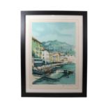 A summertime study of a Mediterranean port with row boats docked before whitewashed villas and