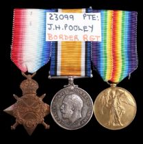 A 1914-15 Star, British War and Victory Medals to 23099 Pte J H Pooley, Border Regiment