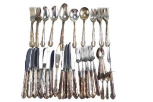 A suite of Oneida electroplate cutlery for six settings having, scrolled and floral decorated