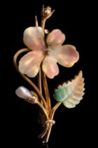 A basse-taille enamelled 9 ct yellow metal and pearl floral sprig brooch, circa mid 20th Century, 36