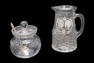 A 1937 royal commemorative cut glass preserve pot and associated silver spoon together with a