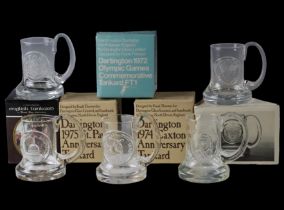 Four boxed commemorative Dartington glass tankards including 1975 St Paul's and 1972 Olympic Games