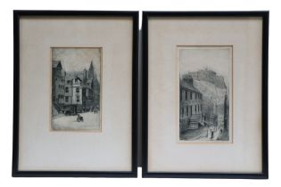Two drypoint etchings of Edinburgh views including the castle and a street scene, signed,