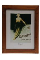 A 1980s advertisement for "Schweppes Tonic Water" depicting a lavishly dressed woman beside a bottle