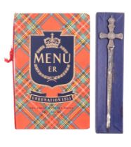 A royal commemorative QEII 1953 Coronation electroplate letter opener together with a related menu