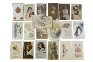 Four Great War silk postcards together with other postcards including two photographic cards by