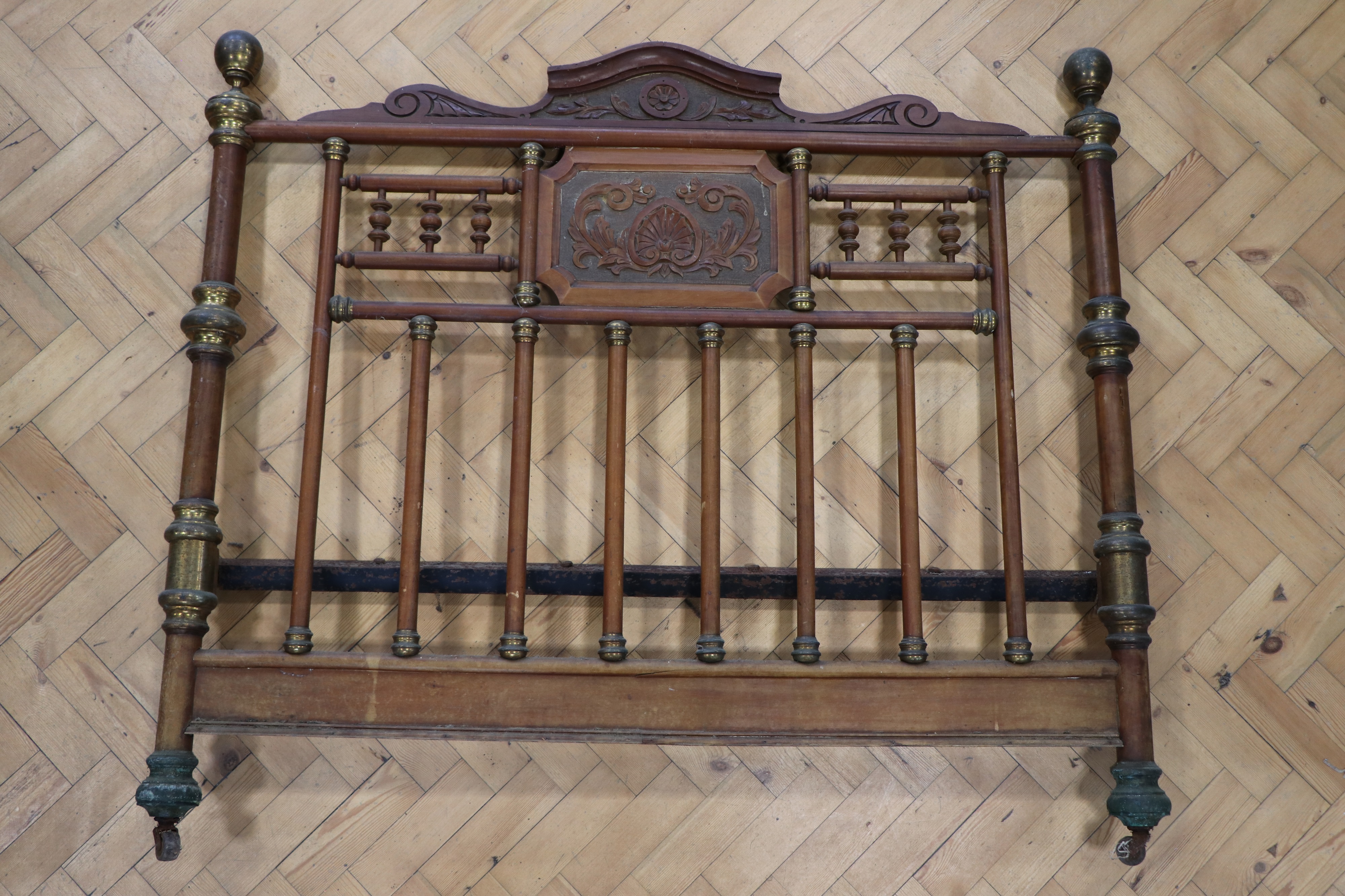 A Victorian brass-mounted carved and turned bed head and foot, 4' 6" - Image 3 of 6