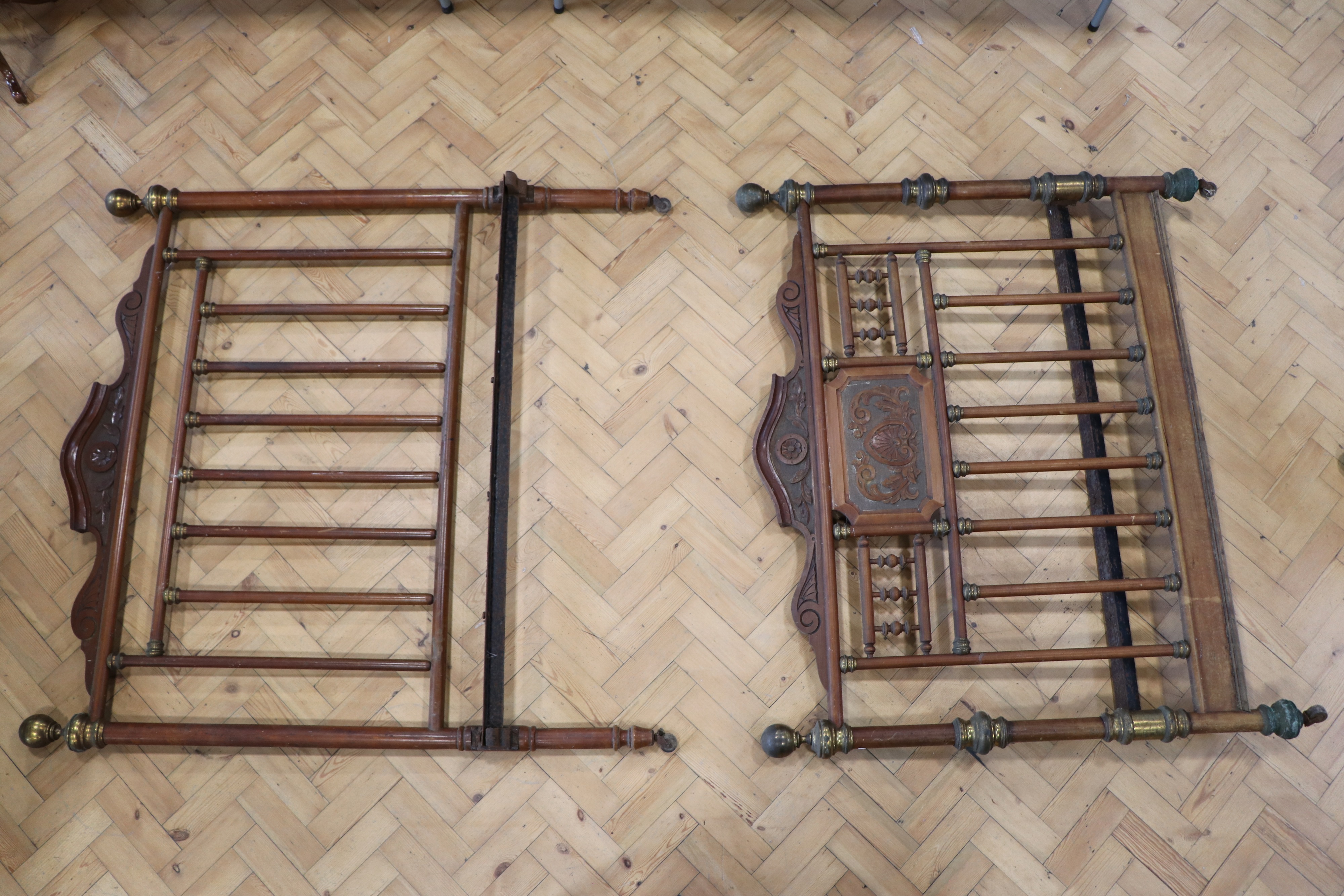 A Victorian brass-mounted carved and turned bed head and foot, 4' 6" - Image 2 of 6