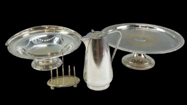 A Mappin & Webb electroplate coffee pot together with a toast rack, a basket and cake stand