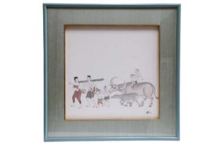 An illustrative, humourous depiction of a Chinese family and livestock, gouache on canvas, signed