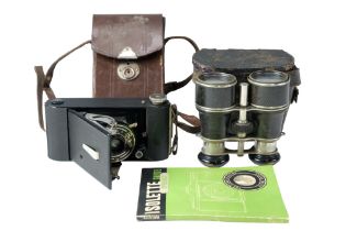 An Ensign Pocket E-20 film camera together with a pair of early 20th Century binoculars, etc