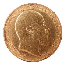 A 1908 gold sovereign coin