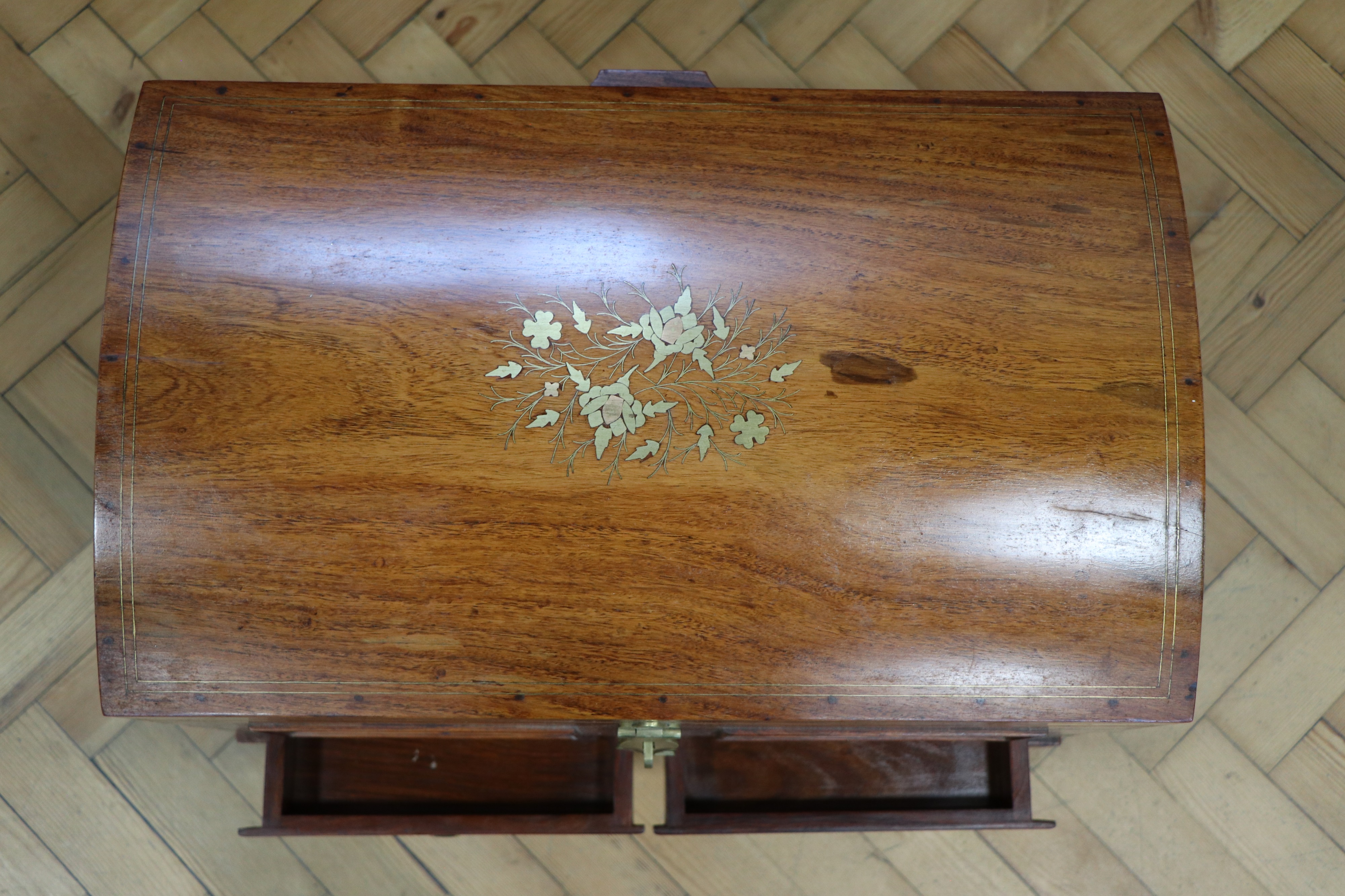 An Indian brass-inlaid mahogany chest, having a "domed" top with brass hasp and padlock opening to - Image 5 of 6