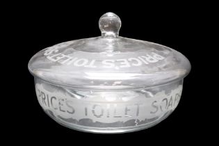 A late 19th / early 20th Century Prices Toilet Soap etched glass covered bowl, 26 cm x 16 cm