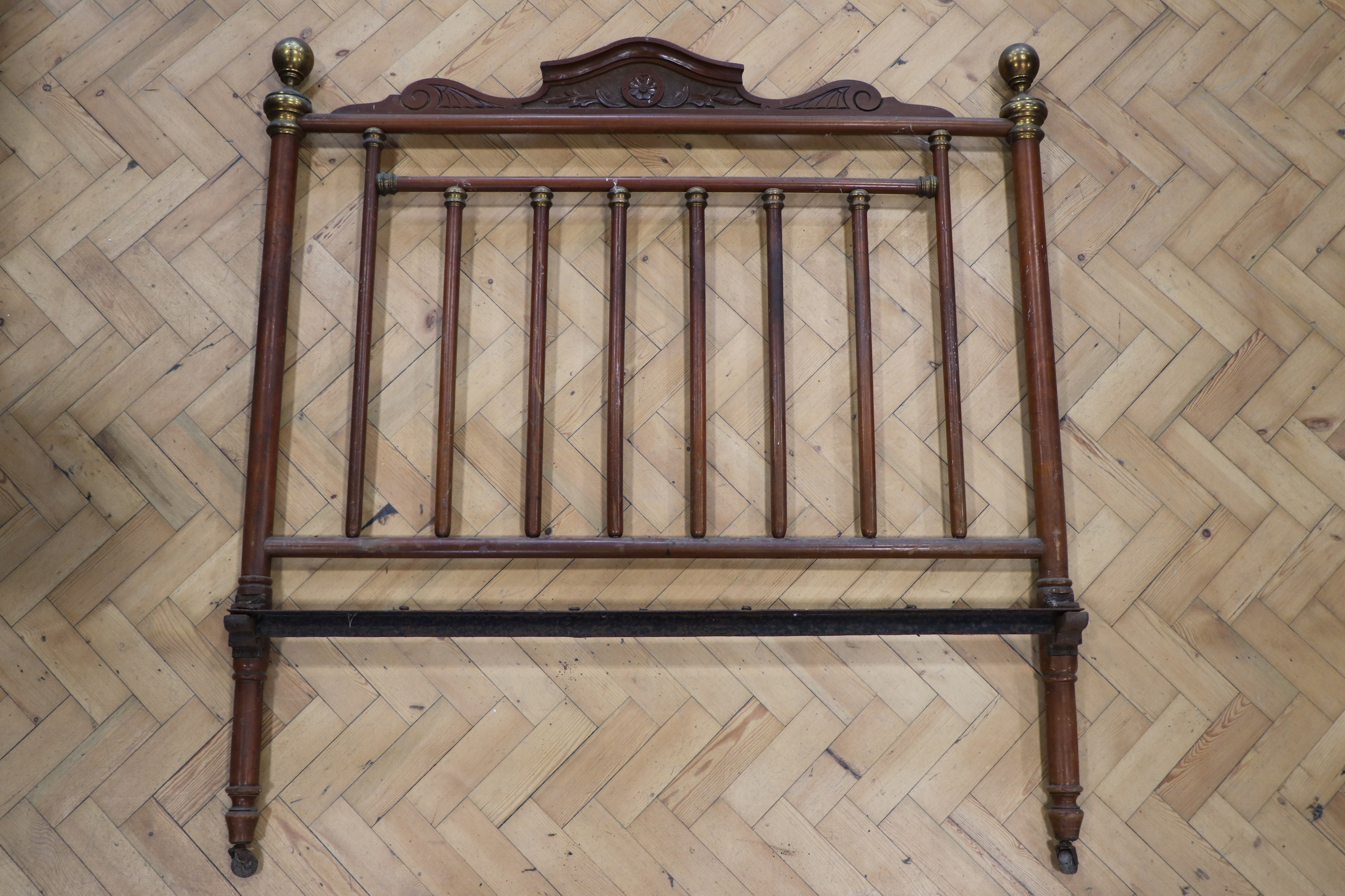 A Victorian brass-mounted carved and turned bed head and foot, 4' 6" - Image 5 of 6