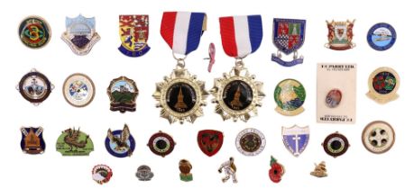 21 bowling club enamelled and other lapel badges, including Dalston, together with RAOB Wigton VE VJ