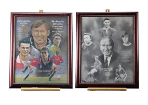 Two Manchester United prints, framed and mounted under glass, 47 cm x 57 cm