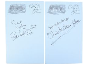 An autograph of Olivia Newton John on letterheaded paper of The Carlton Hotel, Bournemouth, together
