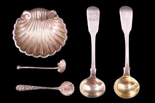 Two Georgian silver fiddle pattern salt spoons together with a late Victorian silver shell-form salt
