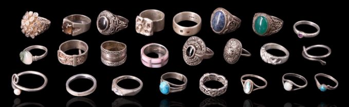 A diverse collection of finger rings including Art Deco French jet and marcasite, chrysoprase,