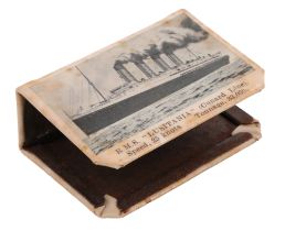 An early 20th Century celluloid matchbox cover detailing the sinking of the Cunard Line's RMS