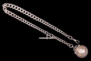 An early 20th Century silver heavy graded curb link watch chain with T-bar, swivel and enameled
