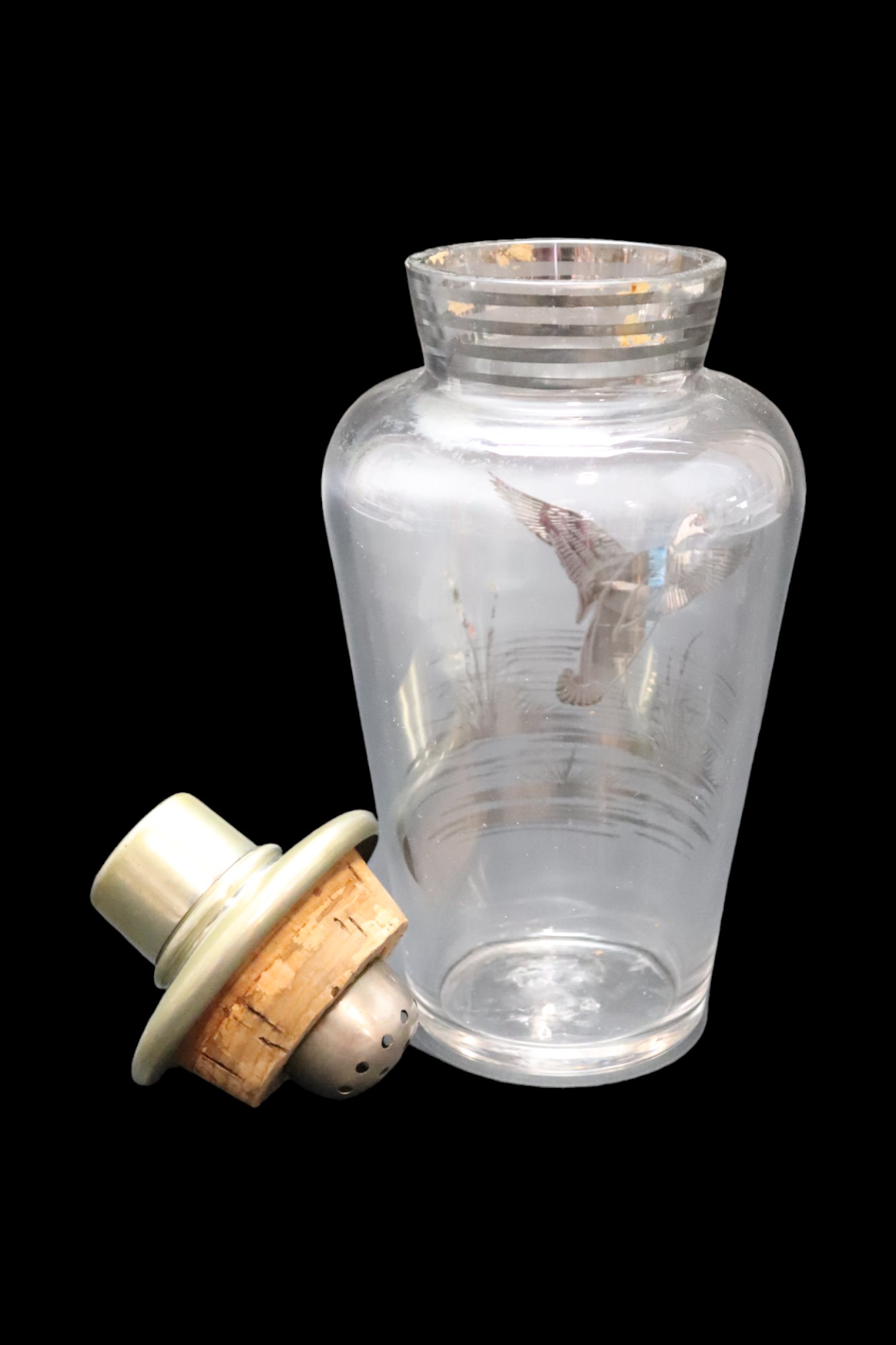 A mid 20th Century silvered glass cocktail shaker decorated in depiction of a duck taking flight, 22 - Image 2 of 2