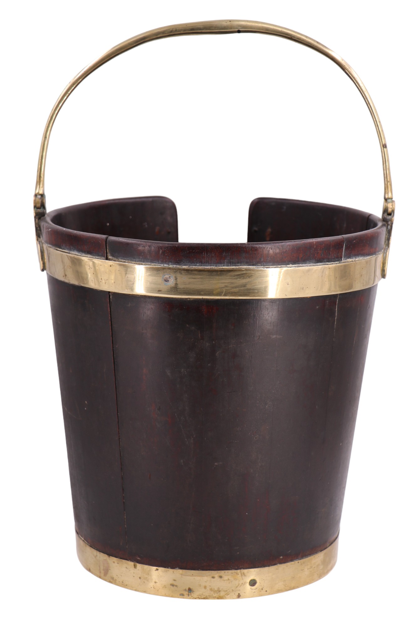 A pair of George III Irish brass-mounted mahogany plate buckets, 35 cm high (55 cm with swing - Image 6 of 8