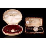 Three 1930s / 1950s 9 ct gold wristlet watches, comprising an Omer, having a rolled gold bracelet, a