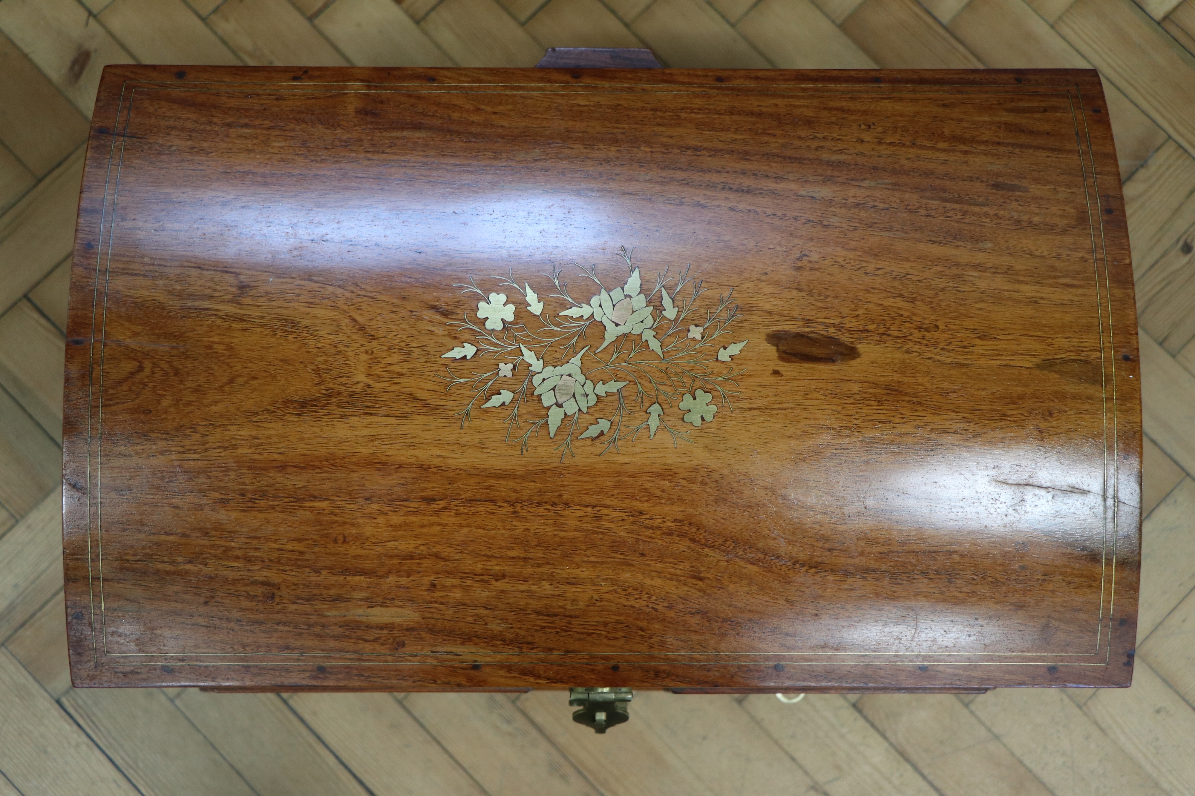 An Indian brass-inlaid mahogany chest, having a "domed" top with brass hasp and padlock opening to - Image 2 of 6