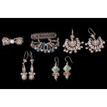 A group of turquoise, coral and white metal filigree ear pendants and brooches