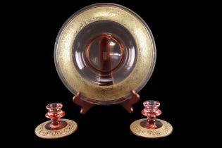 A 1920s - 1930s etched and gilt glass centre bowl and a pair of conforming candle holders, bowl 33