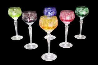 A set of six floral cut, flashed and frosted wine / Hock glasses, 20 cm