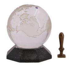 A Fred Olsen Cruise Lines 2000 glass desk globe and stand together with a brass wax seal, former