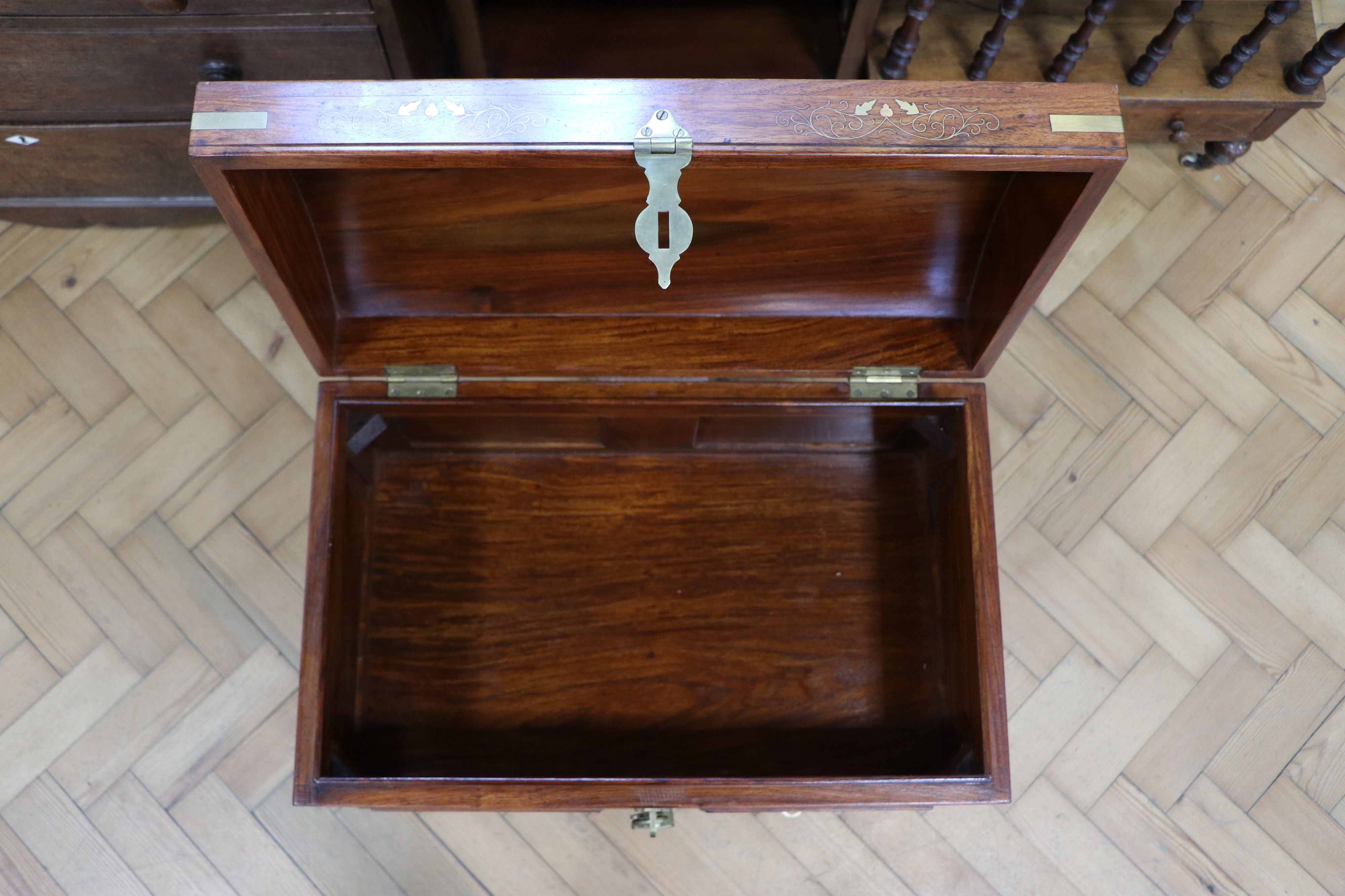 An Indian brass-inlaid mahogany chest, having a "domed" top with brass hasp and padlock opening to - Image 4 of 6