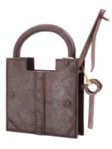 A large Indian wrought iron padlock and keys, 23 cm x 17 cm