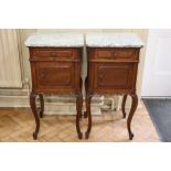 A pair of Louis XVI style marble-topped carved oak bedside cabinets, 42 cm x 38 cm x 82 cm