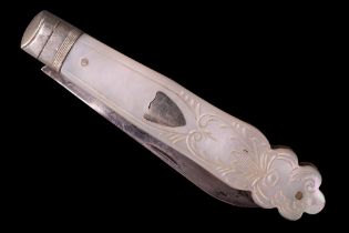 A George V mother-of-pearl handled silver fruit knife, the grip scales bearing engraved decoration