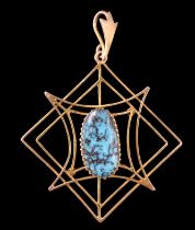 A vintage turquoise pendant, the 13 x 7 mm cabochon in a fine gallery setting on a yellow metal