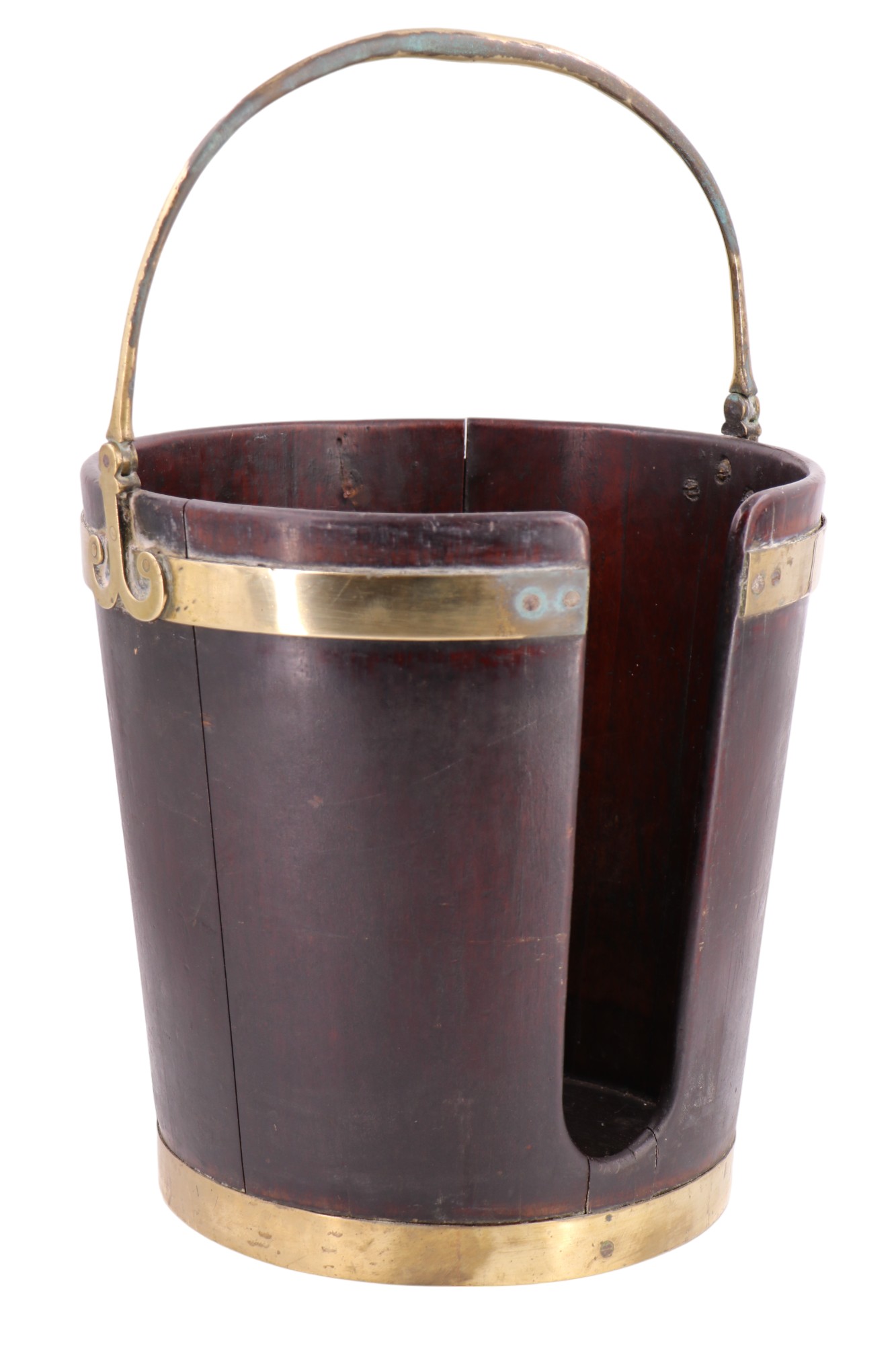 A pair of George III Irish brass-mounted mahogany plate buckets, 35 cm high (55 cm with swing - Image 3 of 8