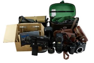 A quantity of cine / film cameras and equipment including a cased Kodak Compur-Rapid, a Sankyo EM-
