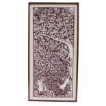 A Chinese printed cotton panel depicting two beasts circling below a tree of birds, mid-20th