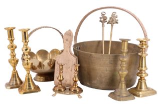 A brass jam pan, butter patts, candlesticks, etc