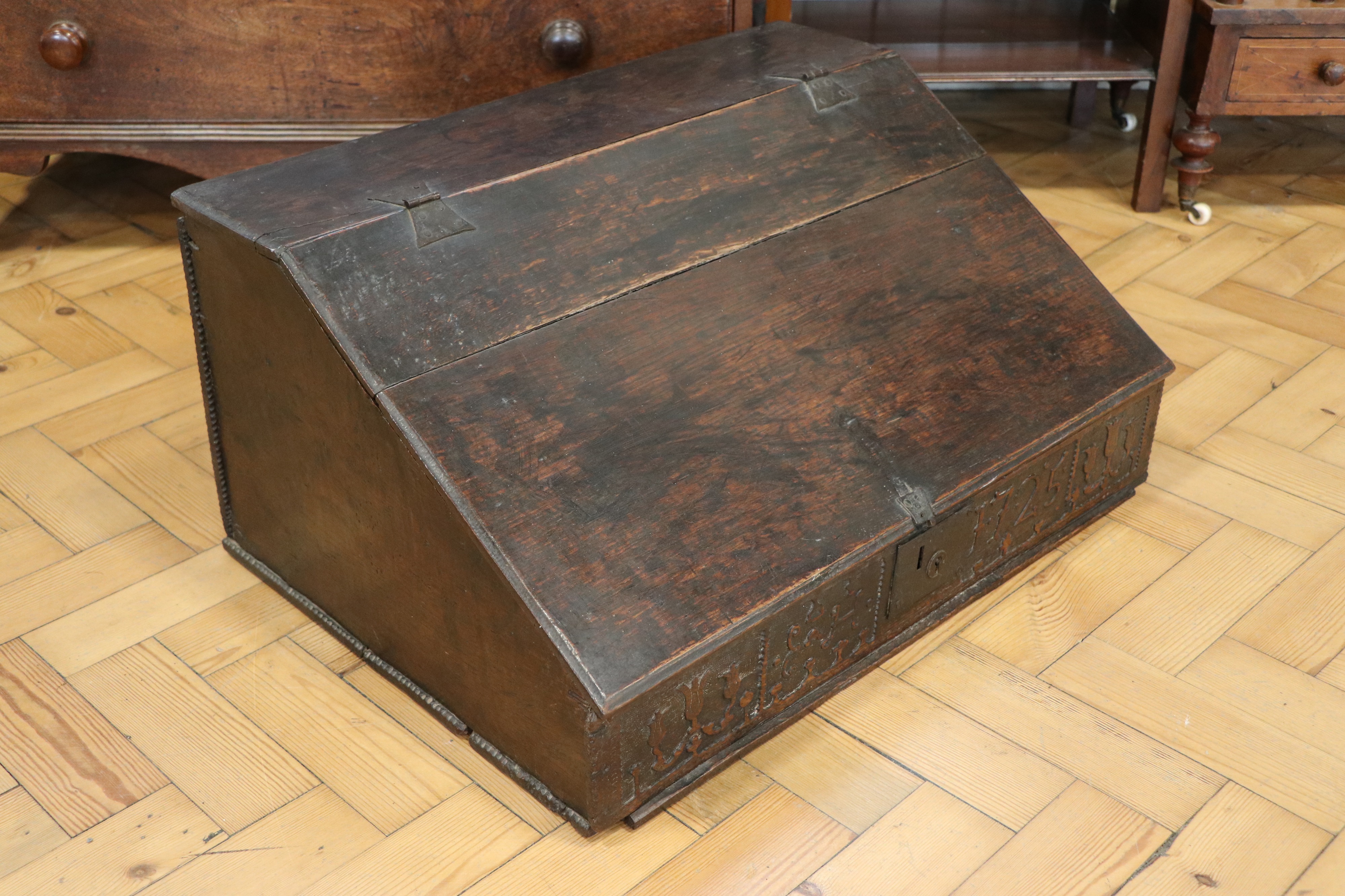 A George I Westmorland carved oak desk box, dated 1725, 66 cm x 47 cm x 30 cm - Image 2 of 4