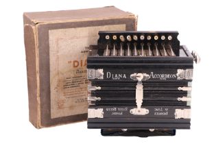 An early 20th Century Diana accordion (Accordeon) with bell metal reeds, in original carton