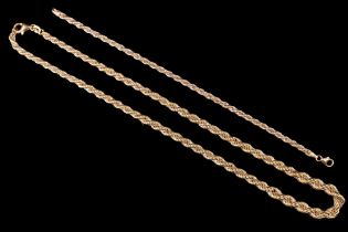 An Italian 14 K yellow metal rope link necklace, being a subtly-graded double spiral cable